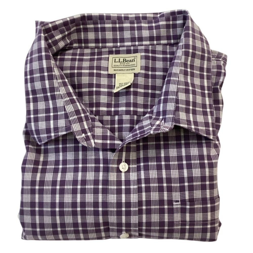 LL Bean Mens XXL‎ Tall Slightly Fitted Purple White Plaid Cotton